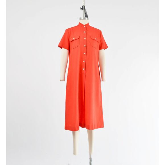 Vintage 70s Red Short Sleeve A-line Midi Tunic Shift Dress with Pockets M - Picture 2 of 8